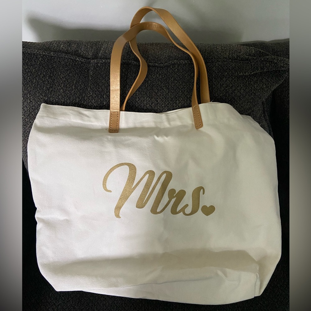 Embroidered Mrs. Beach Tote Bag Gold Letters & Handles White Bag